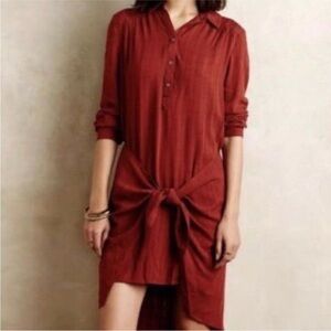 Anthropologie Maeve burnt orange long sleeve tie front button down shirt dress